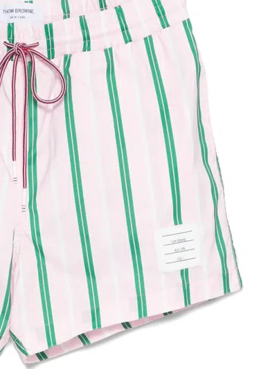Thom Browne Drawstring Striped Printed Swim Trunks In White