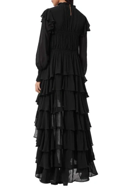 Allsaints Leila Layered Ruffle Long Sleeve High-low Maxi Dress In Black
