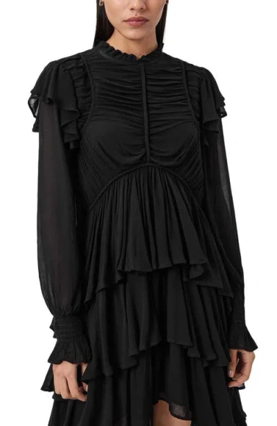Allsaints Leila Layered Ruffle Long Sleeve High-low Maxi Dress In Black