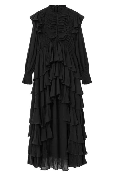 Allsaints Leila Layered Ruffle Long Sleeve High-low Maxi Dress In Black