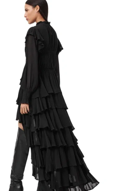 Allsaints Leila Layered Ruffle Long Sleeve High-low Maxi Dress In Black