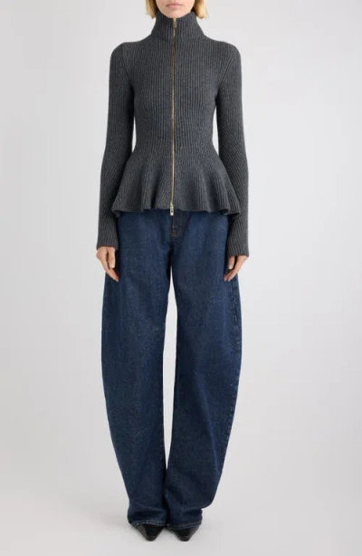 Alaïa Ribbed Wool And Cashmere-blend Peplum Zip-up Cardigan In Gray