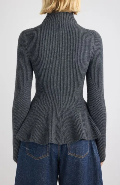 Alaïa Ribbed Wool And Cashmere-blend Peplum Zip-up Cardigan In Gray