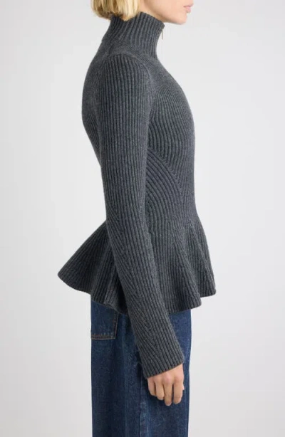 Alaïa Ribbed Wool And Cashmere-blend Peplum Zip-up Cardigan In Gray