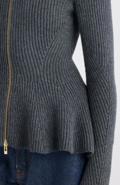 Alaïa Ribbed Wool And Cashmere-blend Peplum Zip-up Cardigan In Gray