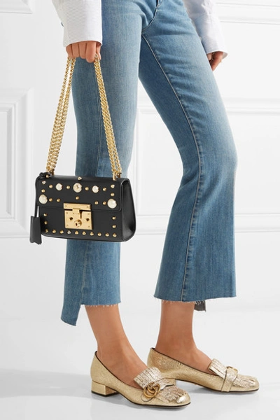 Shop Gucci Padlock Small Faux Pearl-embellished Studded Leather Shoulder Bag