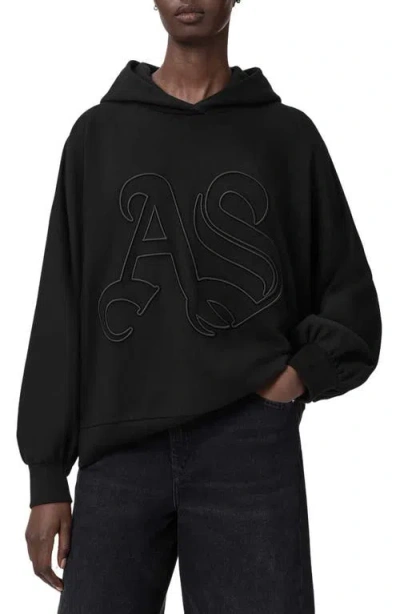 Allsaints Womens Black Artia Logo-embroidered Cotton Hoody In Black