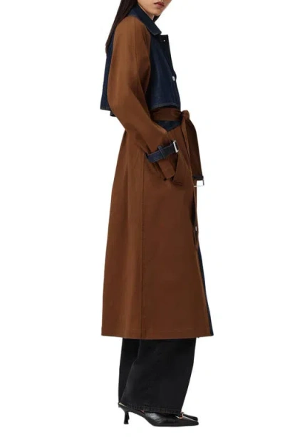 Allsaints Womens Cognac Brown Dayly Denim-panel Relaxed-fit Stretch Organic-cotton Trench