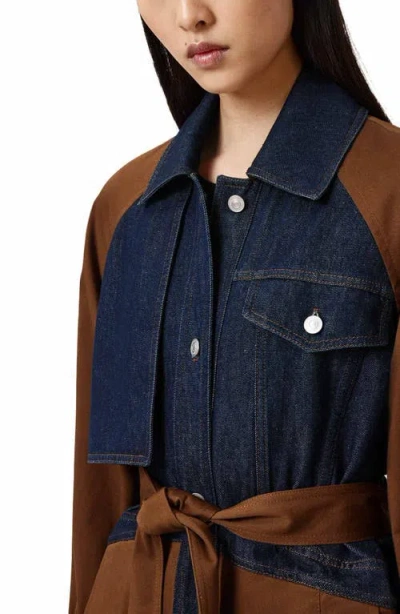 Allsaints Womens Cognac Brown Dayly Denim-panel Relaxed-fit Stretch Organic-cotton Trench