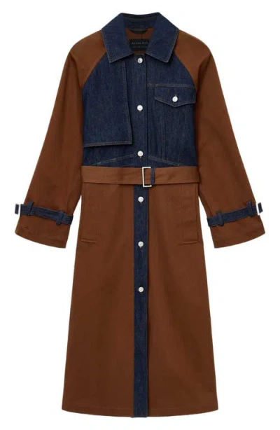 Allsaints Womens Cognac Brown Dayly Denim-panel Relaxed-fit Stretch Organic-cotton Trench