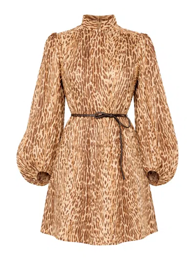 Zimmermann Cascadian Leopard Print Long Sleeve Tunic Dress In Gray