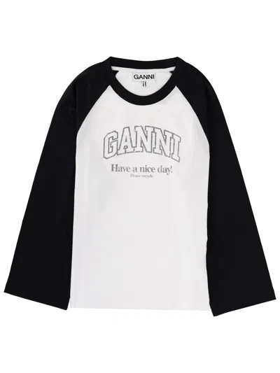 Ganni Baseball Graphic Raglan Crew Neck T-shirt In White