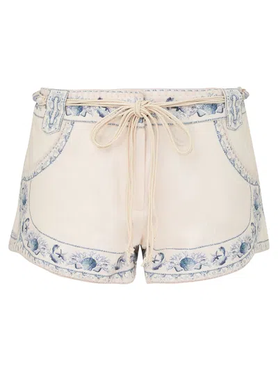 Zimmermann Wanderlust Mini Shorts Embroidered Pockets Beltloops In White