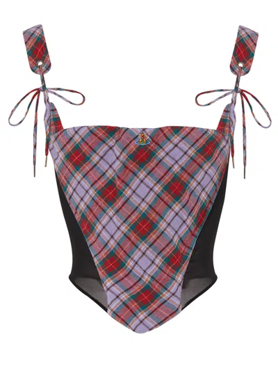 Vivienne Westwood Puppy Tartan Linen And Mesh Bustier Top In Multi