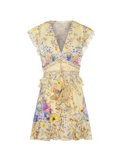 Camilla Floral-print Linen-voile Mini Dress In Yellow