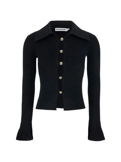 Self-portrait Fitted Ribbed Knit Cardigan With Bold Front Cutouts In Brown