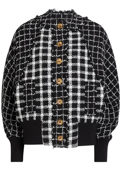 Balmain Oversized Bomber Jacket In Mixed Tweed In Black