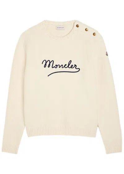 Moncler Embroidered Logo Crop Crewneck Sweater In Neutral