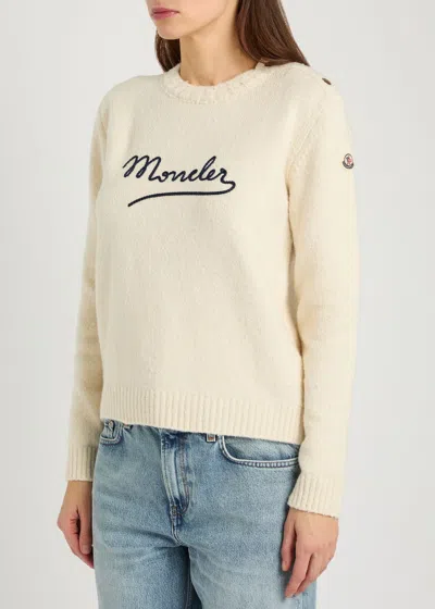 Moncler Embroidered Logo Crop Crewneck Sweater In Neutral