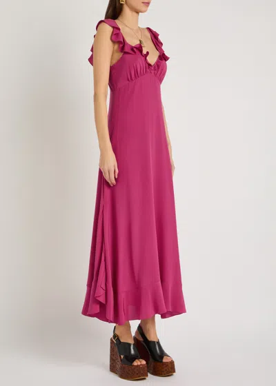 Chloé Maxi Dress Flared Hem Ruffled Neckline In Pink