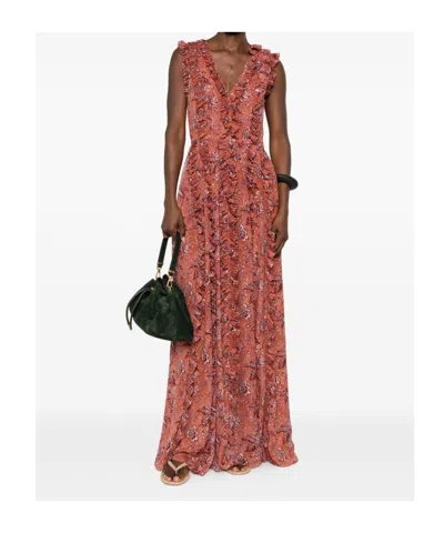Ulla Johnson Multicolored Long Dress With Ruffled Edges In Brown