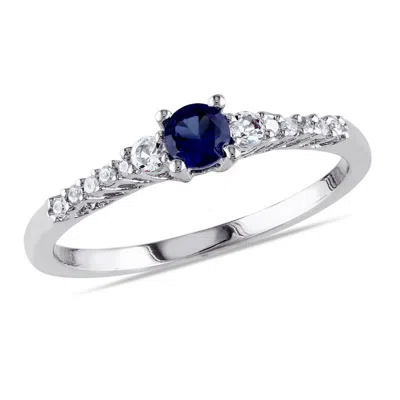 Amour Created Blue And Created White Sapphire And Diamond Accent Ring In Sterling Silver In Blue
