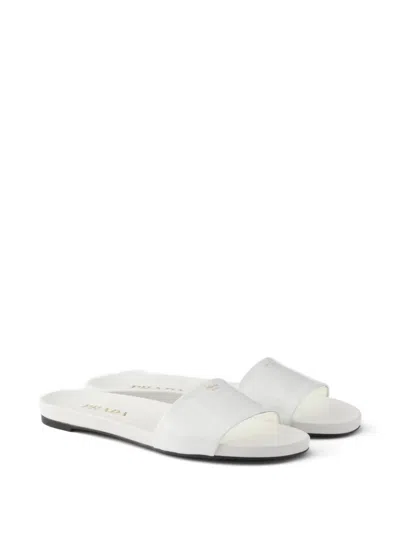 Prada Leather Slide Sandals Open Toe Flat Sole In White