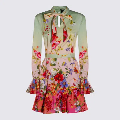 Roberto Cavalli Floral Silk Blend Dress High Neck In White