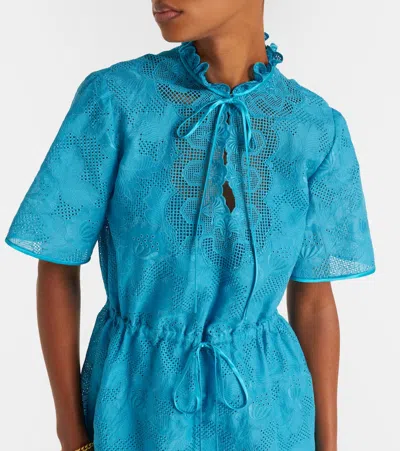 Valentino Eyelet Embroidered Cotton Drawstring Midi Dress In Blue