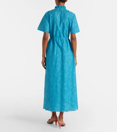 Valentino Eyelet Embroidered Cotton Drawstring Midi Dress In Blue