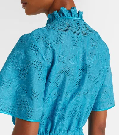 Valentino Eyelet Embroidered Cotton Drawstring Midi Dress In Blue