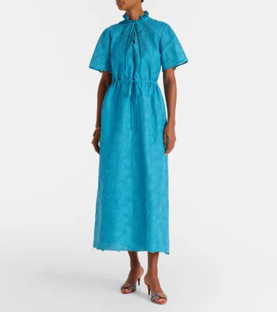 Valentino Eyelet Embroidered Cotton Drawstring Midi Dress In Blue