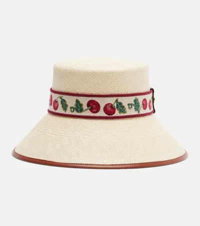Valentino Garavani Cherryfic Straw Bucket Hat With Leather Trim And Cherryfic Ribbon Woman Natural/s In Neutral