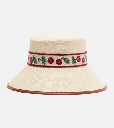 Valentino Garavani Cherryfic Straw Bucket Hat With Leather Trim And Cherryfic Ribbon Woman Natural/s In Neutral