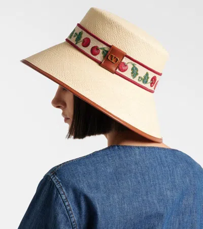 Valentino Garavani Cherryfic Straw Bucket Hat With Leather Trim And Cherryfic Ribbon Woman Natural/s In Neutral