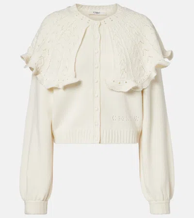 Chloé Cropped Ruffled Pointelle-knit Wool And Cashmere-blend Cardigan In White