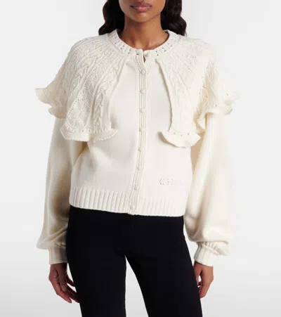 Chloé Cropped Ruffled Pointelle-knit Wool And Cashmere-blend Cardigan In White