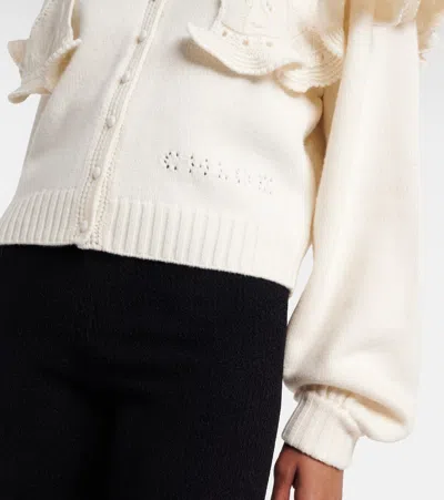 Chloé Cropped Ruffled Pointelle-knit Wool And Cashmere-blend Cardigan In White