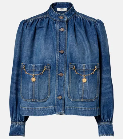 Chloé Blue Jacket With High Neck And Chain Detail On The Front In Denim Woman