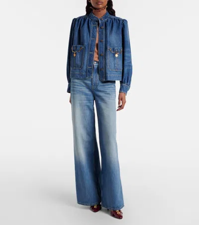 Chloé Blue Jacket With High Neck And Chain Detail On The Front In Denim Woman