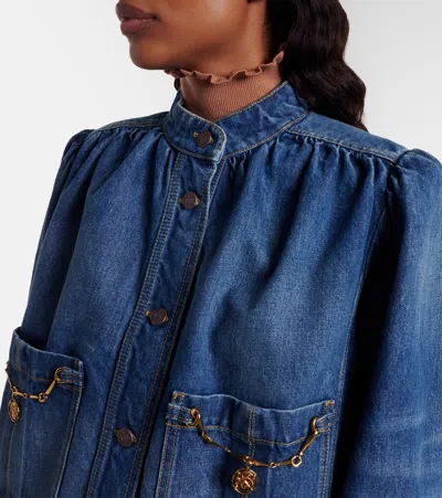 Chloé Blue Jacket With High Neck And Chain Detail On The Front In Denim Woman