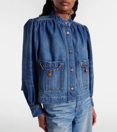 Chloé Blue Jacket With High Neck And Chain Detail On The Front In Denim Woman