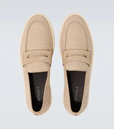 Canali Beige Canvas Loafers With Suede Covering And Exposed Stitching In Multi