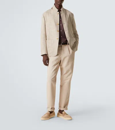 Canali Beige Canvas Loafers With Suede Covering And Exposed Stitching In Multi