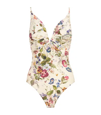 Zimmermann Womens Vanilla Floral Patience Tuck Plunge Floral One-piece Swimsuit In Neutral