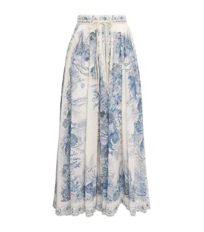 Zimmermann Wanderlust Belted Pleated Printed Cotton Maxi Skirt In Blue