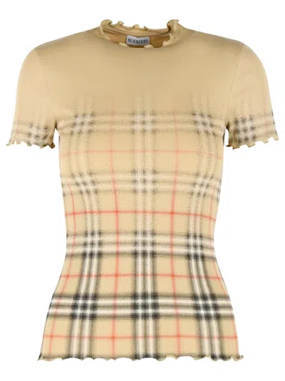Burberry Womens Sand Ip Check Gradient-check Stretch-cotton Top In Brown