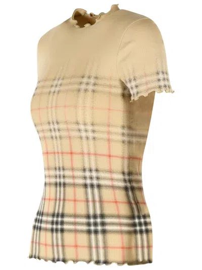 Burberry Womens Sand Ip Check Gradient-check Stretch-cotton Top In Brown