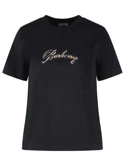 Burberry Check Cursive Logo Cotton T-shirt Clothing In Black