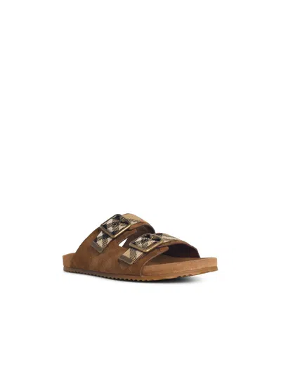 Burberry Check Pattern Flat Sandals Dual Straps In Brown